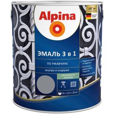 Эмаль алкидноуретановая (АУ) Alpina 3 в 1 по ржавчине Перламутровый тёмно-серый (RAL 9023) 2.5 л
