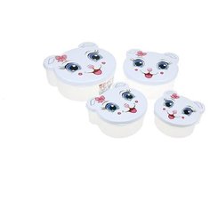 Контейнер для продуктов пластмассовый "Котики" набор 4шт: 0,2 л - 9х8х4,5 см, 0,3 л - 10х10х5 см, 0,5 л - 12х11х6 см, 0,75 л - 14х13х6 см, прозрачный белый Elfplast