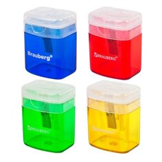 Точилка BRAUBERG "OfficeBox", с контейнером и крышкой, прямоугольная, в упаковке с подвесом, ассорти, 222494