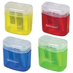 Точилка BRAUBERG "Chief" с контейнером, пластиковая, прямоугольная, 2 отверстия, с крышкой, ассорти, 226942