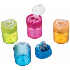 Точилка BRAUBERG "Office Round", 2 отверстия, с контейнером, пластиковая, корпус ассорти, 228446