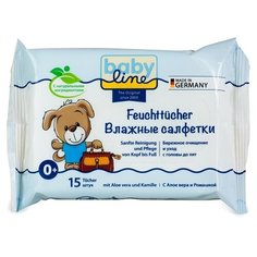 Мини упаковка для путешествий. Влажные салфетки baby line для тщательной очистки нежной детской кожи в области подгрузников, без отдушек, с Алое вера и ромашкой, 15 шт в уп.