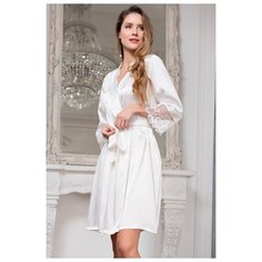 MIA-AMORE Оригинальный шелковый халатик с кружевными вставками, White Swan 3553, молочный, L-XL