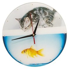 Часы настенные "Котенок с рыбкой", стеклянные Эврика