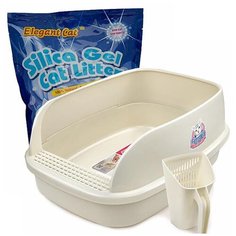 Туалет Catidea 51х38х25 см высокий борт, с совком, кремовый + Наполнитель силикагелевый 3.8 л, без запаха