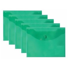 BRAUBERG Папка-конверт с кнопкой A5, прозрачный пластик, 5 штук зелeный