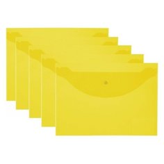 Папка-конверт с кнопкой BRAUBERG, А4, до 100 листов, прозрачная, желтая, 0,15 мм, 228670 (5 штук) 228670-5
