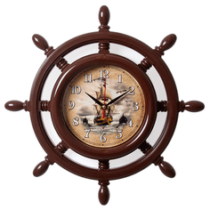 Часы настенные Штурвал Корабля в закате, диаметр 35 см, коричневые Рубин