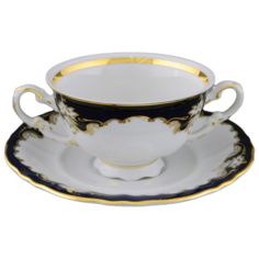 Чашка для супа Соната Темно-синяя окантовка с золотом (0.35 л), с блюдцем, Leander
