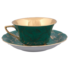 Чашка с блюдцем Виндзор Золотые листья, малахит (150 мл), Leander