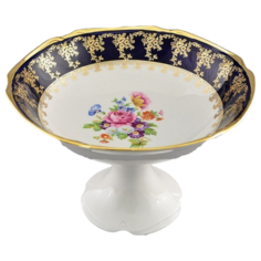 Ваза для фруктов Мэри-Энн Темно-синяя окантовка с цветами, 23 см, Leander