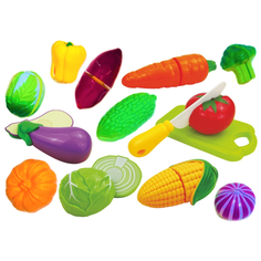 Детский игровой набор овощи на липучке, набор игрушечных продуктов для нарезки 613В, брокколи, тыква, перец, кукуруза, баклажан, морковь, чеснок, пекинская капуста,томат, картофель, капуста, доска, нож, тарелка, 29х19х6 см Play Smart
