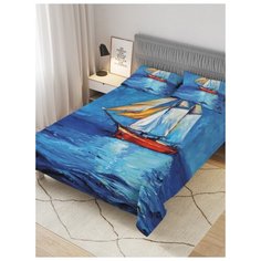 Покрывало стеганое жаккардовое с 2-мя наволочками "Корабль в море", Евро (220x235 см) Ambesonne