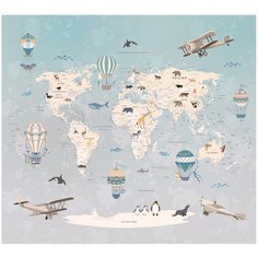 Фотообои флизелиновые Топ Фотообои Карта для детей с воздушными шарами 300х270 (ШхВ) бирюзовый/серо-коричневый/светло-серый/бежевый/светло-песочный
