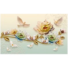 Фотообои флизелиновые Топ Фотообои Барельеф с 3D цветами и птицами на ветке 300х180 (ШхВ) светло-бежевый/светло-зеленый/светло-оранжевый/персиковый/белый