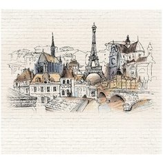 Фотообои флизелиновые Топ Фотообои Рисунок Парижа на кирпичной стене 300х270 (ШхВ) светло-бежевый/темно-коричневый/серо-голубой/светло-коричневый/светло-песочный
