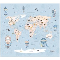 Фотообои флизелиновые Топ Фотообои Карта мира для детей на голубом фоне 300х270 (ШхВ) светло-синий/голубой/светло-бежевый/светло-коричневый/белый