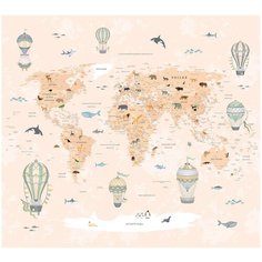 Фотообои флизелиновые Топ Фотообои Карта мира для детей на бежевом фоне 300х270 (ШхВ) бежевый/светло-бежевый/персиковый/мятный/белый