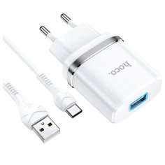 Сетевое зарядное устройство HOCO N1 Ardent + кабель TypeC, функция быстрой зарядки, 2.4A, подсветка. Цвет- белый