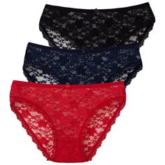 Magic lady Набор трусов кружевные слипы средней посадки, 3 шт., размер 46, черный/темно-синий/красный