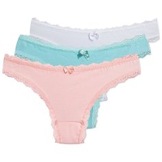 Magic lady Набор трусов бразильяна с кружевом, 3 шт., размер 50, белый/бирюзовый/светло-розовый