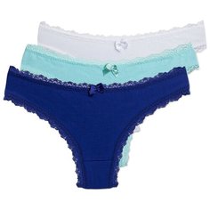 Magic lady Набор трусов бразильяна с кружевом, 3 шт., размер 50, белый/синий/бирюзовый