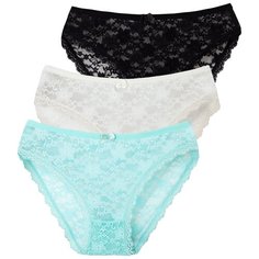 Magic lady Набор трусов кружевные слипы средней посадки, 3 шт., размер 46, черный/шампань/бирюзовый