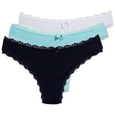 Magic lady Набор трусов бразильяна с кружевом, 3 шт., размер 48, белый/темно-синий/бирюзовый
