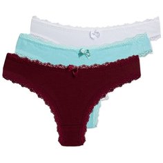 Magic lady Набор трусов бразильяна с кружевом, 3 шт., размер 48, белый/бирюзовый/бордовый