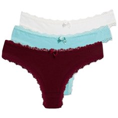 Magic lady Набор трусов бразильяна с кружевом, 3 шт., размер 48, светло-бежевый/бирюзовый/бордовый