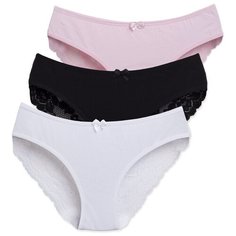 Magic lady Набор трусов слипы классической посадки с кружевом и бантиком, 3 шт., размер 40, белый/черный/светло-розовый