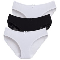 Magic lady Набор трусов слипы классической посадки с кружевом и бантиком, 3 шт., размер 40, белый/черный