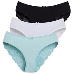 Magic lady Набор трусов слипы классической посадки с кружевом и бантиком, 3 шт., размер 40, белый/черный/бирюзовый