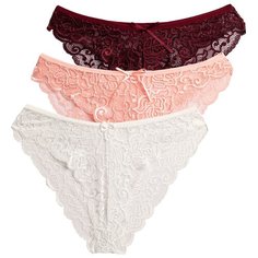 Magic lady Набор трусов бикини кружевные, 3 шт., размер 40, слоновая кость/светло-оранжевый/бордовый