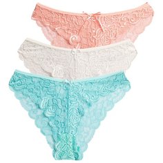 Magic lady Набор трусов бикини кружевные, 3 шт., размер 42, бирюзовый/слоновая кость/светло-оранжевый