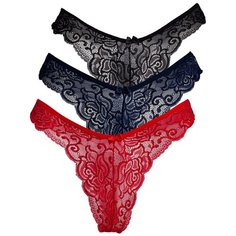 Magic lady Набор трусов бикини кружевные с высоким вырезом бедра, 3 шт., размер 42, черный/темно-синий/красный