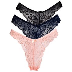 Magic lady Набор трусов бикини кружевные с высоким вырезом бедра, 3 шт., размер 42, светло-оранжевый/темно-синий/черный