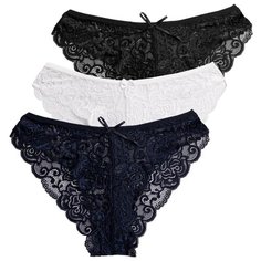 Magic lady Набор трусов бикини кружевные, 3 шт., размер 38, темно-синий/белый/черный
