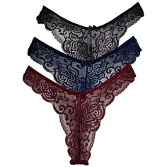 Magic lady Набор трусов бикини кружевные с высоким вырезом бедра, 3 шт., размер 42, черный/темно-синий/бордовый
