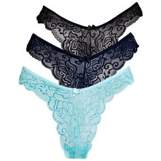 Magic lady Набор трусов бикини кружевные с высоким вырезом бедра, 3 шт., размер 42, бирюзовый/темно-синий/черный