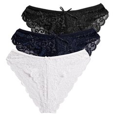 Magic lady Набор трусов бикини кружевные, 3 шт., размер 40, белый/темно-синий/черный