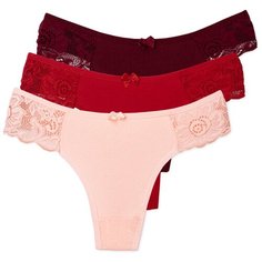 Magic lady Набор трусов стринги с кружевом и бантиком, 3 шт., размер 44-46, светло-оранжевый/красный/бордовый