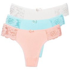Magic lady Набор трусов стринги с кружевом и бантиком, 3 шт., размер 42-44, бирюзовый/слоновая кость/светло-оранжевый