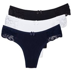 Magic lady Набор трусов стринги с кружевом и бантиком, 3 шт., размер 46-48, темно-синий/белый/черный