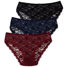 Magic lady Набор трусов кружевные слипы средней посадки, 3 шт., размер 48, черный/темно-синий/бордовый