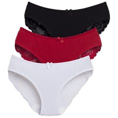 Magic lady Набор трусов слипы классической посадки с кружевом и бантиком, 3 шт., размер 44, белый/черный/красный