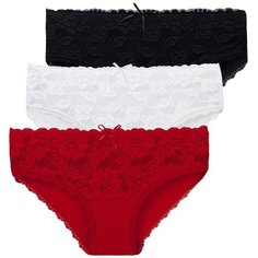 Magic lady Набор трусов слипы высокой посадки с кружевом, 3 шт., размер 50, черный/красный/белый
