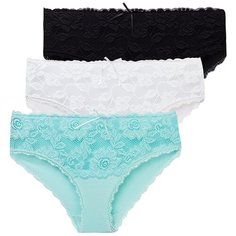 Magic lady Набор трусов слипы высокой посадки с кружевом, 3 шт., размер 48, бирюзовый/белый/черный