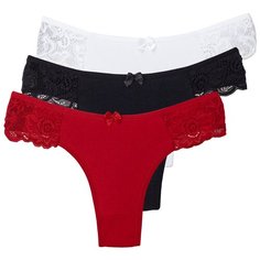 Magic lady Набор трусов стринги с кружевом и бантиком, 3 шт., размер 44-46, красный/черный/белый