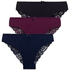 Magic lady Набор трусов слипы средней посадки с кружевом и бантиком, 3 шт., размер 42-44, черный/темно-синий/фиолетовый